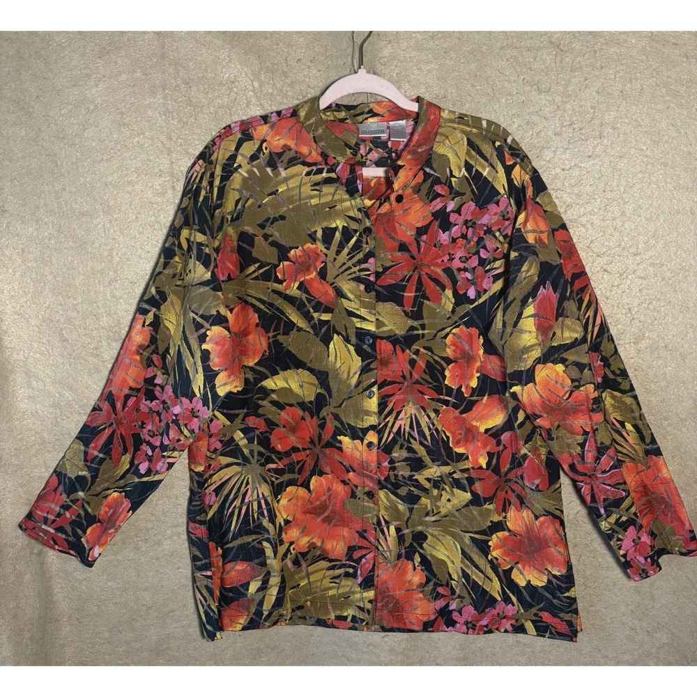 Chicos Sheer Top Womens Sz 3 US XL Orange Green Floral Overlay Classic‎